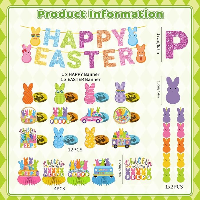 57pcs Easter Party Decorations Banner Set Include Happy Easter Banner Chillin with My Peeps Hanging Swirls Bunny Pattern Hanging Banner 3D Honeycomb Table Centerpieces for Party