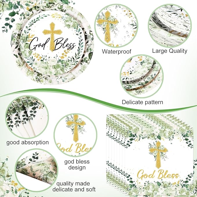 Pickmesh 250 Pcs Dinnerware Set Disposable Paper Plates Napkins and Cups Luncheon Dinner Tableware for Birthday Party Supplies Table(Sage Green,God Bless)