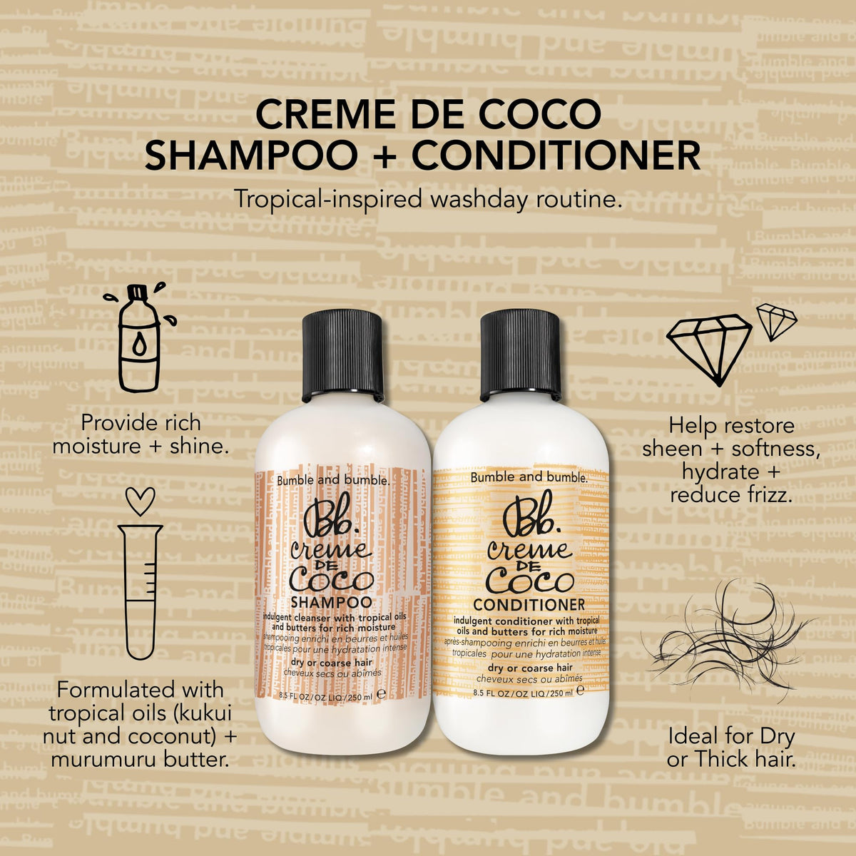Bumble and bumble. Creme De Coco Shampoo | Provides Rich Moisture and Shine | Reduces Frizz | With Coconut Kukui Nut Murumuru Butter | For Dry Medium to Thick Curly, Wavy, Straight Hair, 8.5 Fl Oz