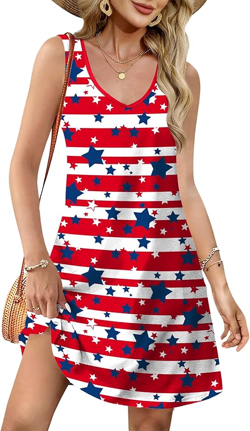 LHBNK 4th of July Dress for Women: American Flag Tank Dresses Star Striped Splicing Loose V Neck Sundresses