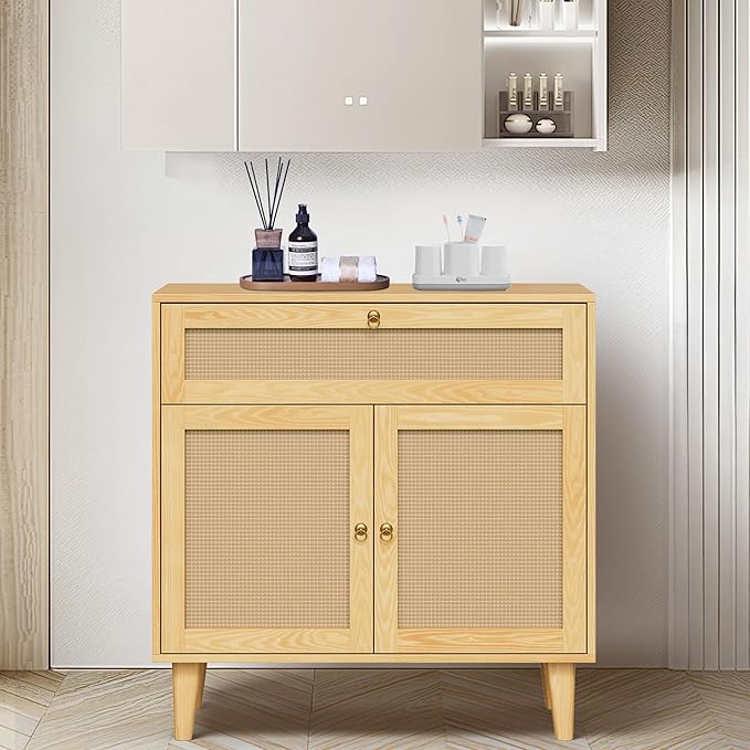 Storage Cabinet with Rattan Decor Doors & Drawer, Modern Bathroom Floor Storage Cabinet Organizer, Freestanding Cupboard for Kitchen/Living Room Use