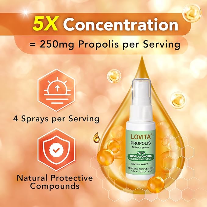Lovita Bee Propolis Throat Spray, 18% Bioflavonoids, Alcohol-Free, Immune Support, Throat Soothing, Antioxidant, Gentle Taste, 1 Fl Oz (Pack of 1)