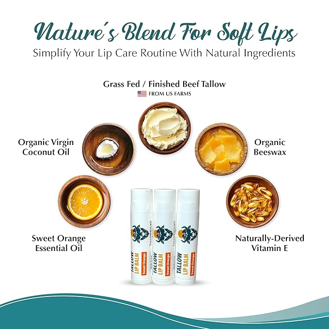 Moisturizing Tallow Lip Balm – Grass-Fed Beef Tallow with Organic Coconut Oil, Beeswax, and Vitamin E – Sweet Orange – Lip Balm Set – Travel Essential – 3-Pack