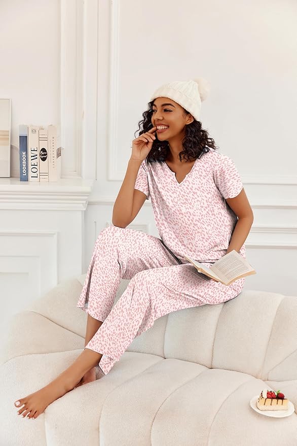 Ekouaer 2 Piece Womens Pajamas V Neck Short Sleeve Top and Long Pants Pjs Print Lounge Set Sleepwear