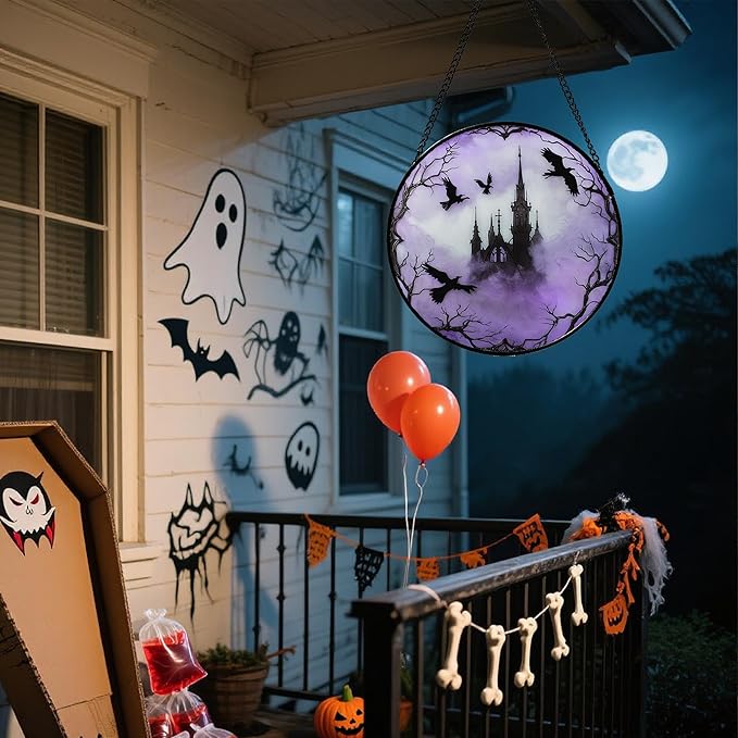 Stained Glass Window Hanging - Halloween Gothic Castle Purple Smoke Suncatcher for Doors Garden Home Spooky Crow Sun Catchers Gothic Decor Horror Gift for Women Men Friend Boy Girl 9.8 in
