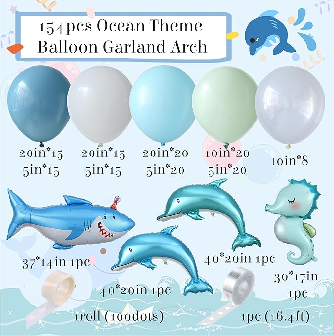 Under the Sea Party Decorations, 154pcs Slate Blue Mist Green Balloon Garland Arch Kit, Bubble Balloons with Dolphin Shark Hippocampus Foil Balloon for Ocean Birthday Party Supplies Shark Party Decor