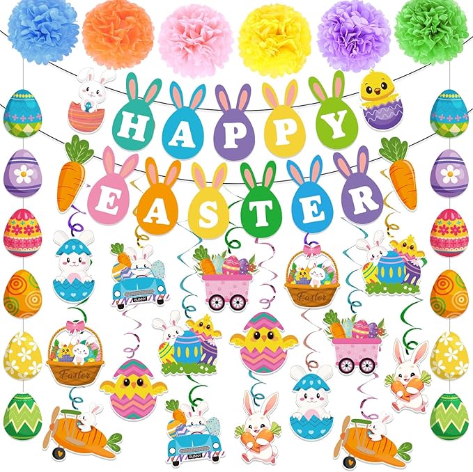 25Pcs Easter Decorations Set with Happy Easter Banner, Easter Egg Garland, Pompoms & Hanging Swirls for Home, Classroom, Easter Party Decorations Indoor