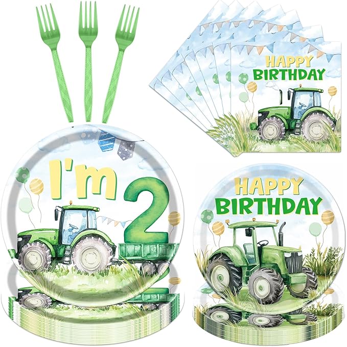 Rakuto Tractor 2nd Birthday Decorations Supplies, 96PCS Tractor Party Plates Napkins and Forks Set, Disposable Farm Two Years Old Birthday Tableware for Boys Serves 24