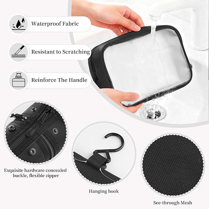 Toncoke Travel Toiletry Bag Set, Hanging Toiletry Bag Premium Faux Leather, Toiletry Bag for Women & Men, Travel Essentials Makeup Bag Water-resistant, Black