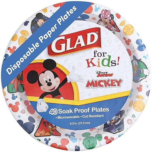 Glad for Kids Disney Mickey and Friends Disposable Paper Plates for Snacks and Meals, Heavy Duty Soak Proof Cut Resistant Microwave Safe Kids Plates, Party Pack, 8.5 Inch, 40 Count