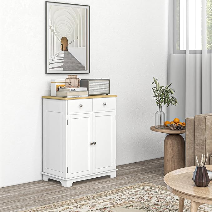 HOMCOM Sideboard with Solid Wood Countertop, Modern Kitchen Storage Cabinet, Coffee Bar Cabinet with 2 Drawers, Doors and Adjustable Shelf, Distressed White