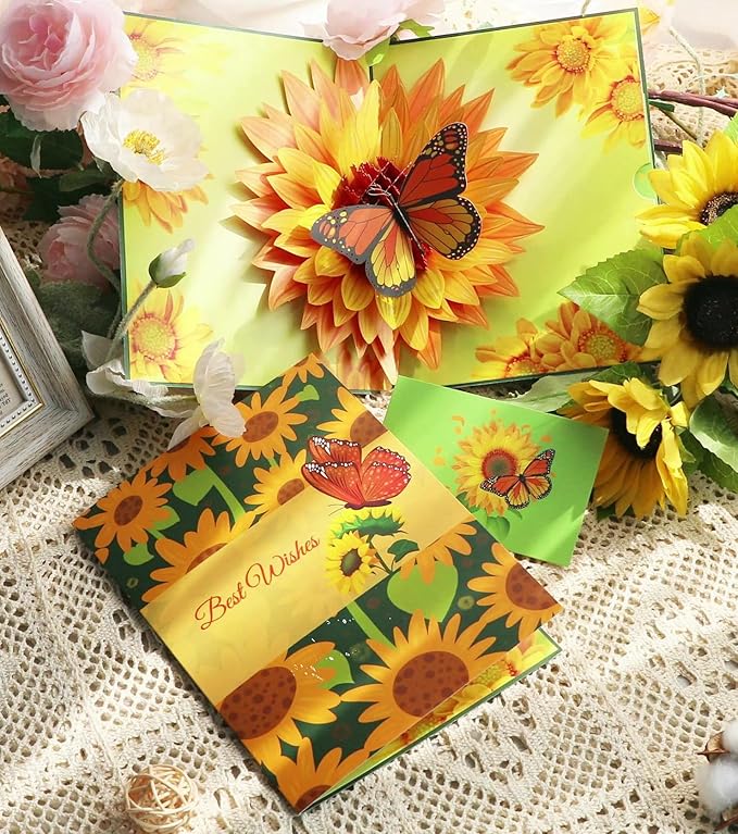 Flying Butterfly Pop Up Card, 3D Sunflower and Butterfly Birthday Popup Card for Valentines Day, Graduation, Anniversary, Thinking of You, Thank You, All Occasions