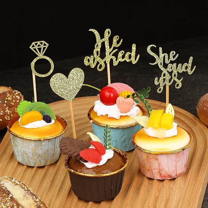 24 Pcs He Asked She Said Yes Cake Topper Gold Cupcake Toppers Heart Diamond Ring Cupcake Picks Glitter Cupcake Decorations for Wedding Engagement Bridal Shower Party Cake Decorations