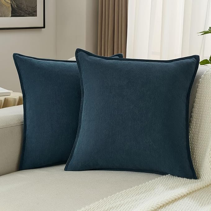 FUTEI Navy Blue Chenille Throw Pillow Covers 16x16 Inch Set of 2,Edges Double-Stitched Cushion Cases,Modern Home Decor for Couch Living Room