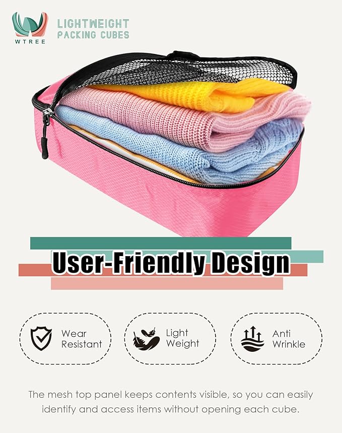 WTREE 4-Piece Packing Cubes Travel Accessories Set for Suitcases - Luggage Organizer Bags with Double Zipper - Mesh Top - Small - Pink