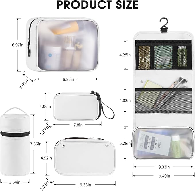 Toncoke Travel Toiletry Bag Set, Hanging Toiletry Bag Premium Faux Leather, Toiletry Bag for Women & Men, Travel Essentials Makeup Bag Water-resistant, White