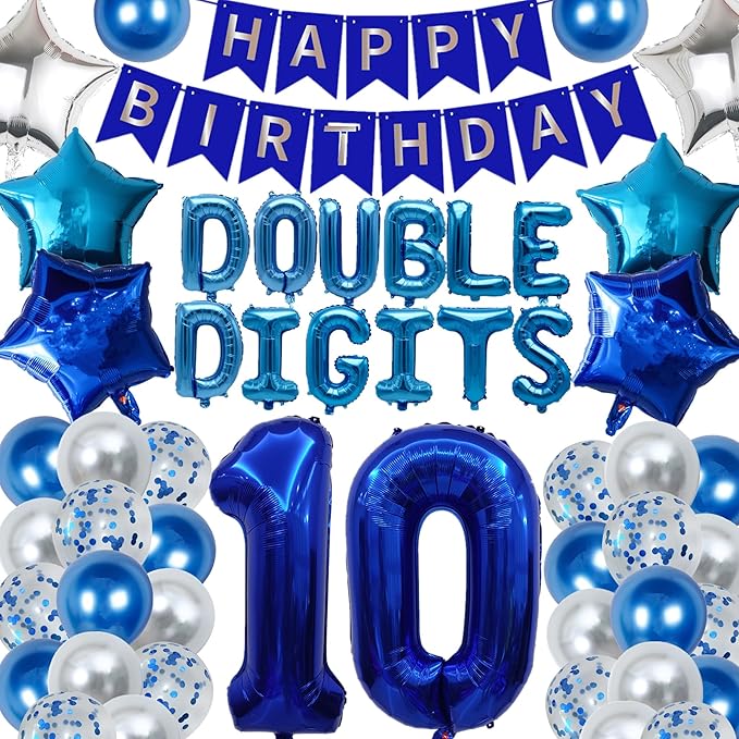 53 Pieces 10th Birthday Decorations Double Digits Party Balloons Happy Birthday Banner Number 10 Balloons Blue Silver Foil Balloons Latex Balloons for 10 Year Old Boy Birthday Party (Blue)