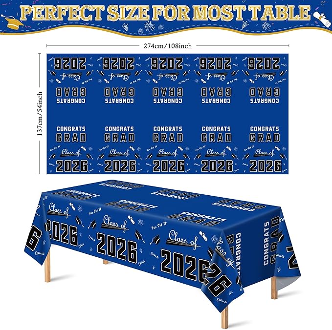 OHOME Graduation Decorations 2026 - Graduation Party Decorations 2026 - Disposable Plastic Blue Tablecloth for Class of 2026 Decorations Party Favors Supplies Banner,54" X 108",2 Pack