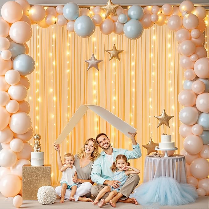 10 x 10ft Dark Champagne Backdrop Curtains with Lights String for Wedding Polyester Photo Backdrop Drapes Wrinkle Free Long Curtains Back Drop for Birthday Parties Reception Baby Shower Ceremony Event