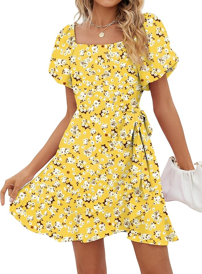 Sampeel Womens Summer Dresses Square Neck Puff Sleeve Tie Waist Short Dress