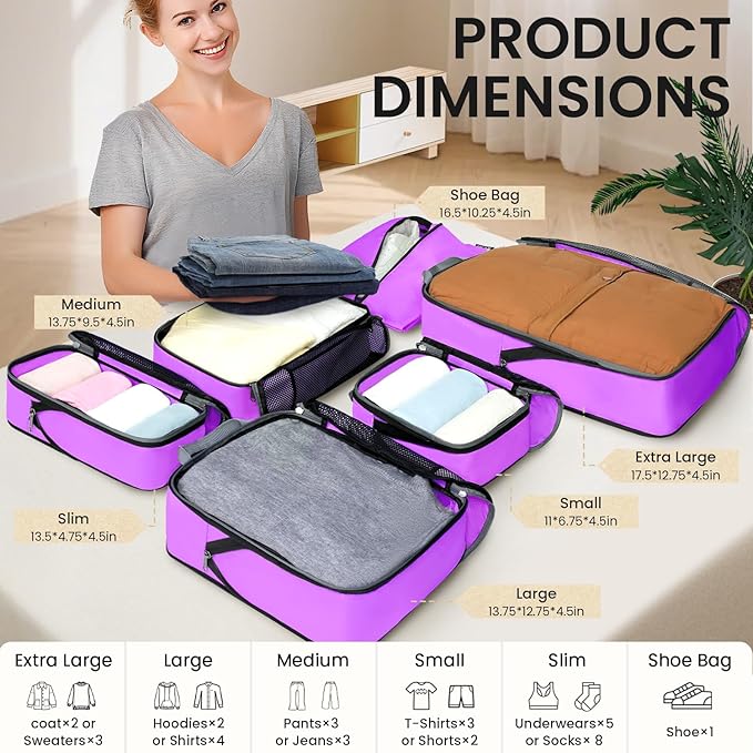 BAGAIL 4 Set/6 Set/8 Set Compression Packing Cubes Travel Accessories Expandable Packing Organizers(Purple HalfMesh 6 Set)