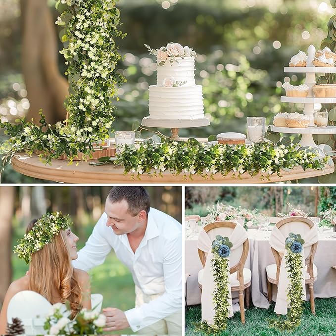 6FT Eucalyptus Garland with Flowers, 2 Pack Artificial Greenery Garland Hanging Spring Eucalyptus Garland Suitable for Table Wedding Backdrop Arch Wall Party UV Protected Indoor Outdoor Decor