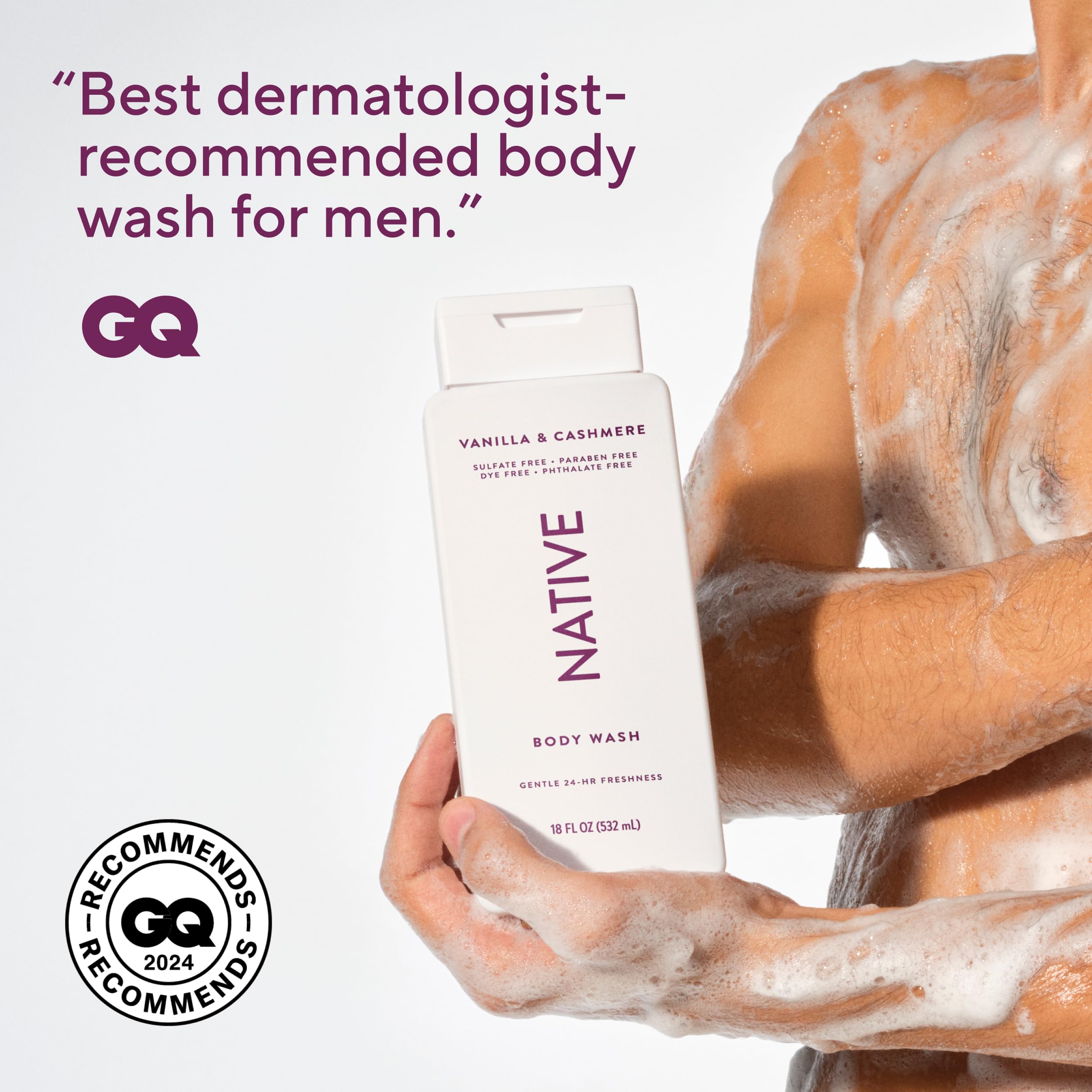 Native Clean Body Wash, Gentle & pH-balanced for Sensitive Skin, 24-Hr Freshness for Women & Men, Vegan & Cruelty-Free, Free of Sulfates & Parabens, Vanilla & Cashmere, 18 fl oz