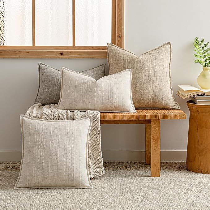 a moment Linen Pillow Covers Set of 2,Boho Farmhouse Throw Pillowcases Neutral Textured Decorative Covers for Couch Sofa, Soft Linen Blend Accent Case Cushion Living Room Home Decor 22"x22"Khaki