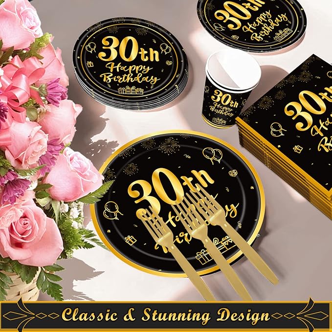 120Pcs 30th Birthday Party Supplies Plates Napkins Cups Forks Tableware Set Gold Black Happy 30th Birthday Themed Disposable Tableware Decoration Serves 24 Guests for Men Women 30 Years Old