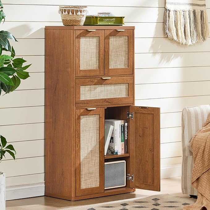 LEYAOYAO 48" Tall Storage Cabinet,Rattan Bathroom Floor Cabinets with 4 Doors & 1Drawer,Boho Kitchen Pantry with Adjustable Shelves,Wooden Cupboard for Living Room,Home Office,Dining,Brown