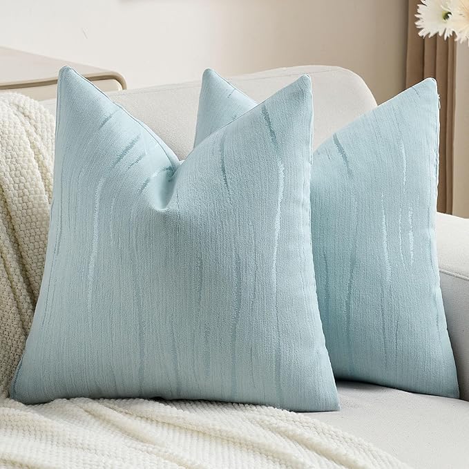 FUTEI Light Blue Chenille Decorative Throw Pillow Covers 16x16 Inch Set of 2,Soft Embossed Striped Textured Cushion Case,Modern Home Decor for Couch Bed Living Room