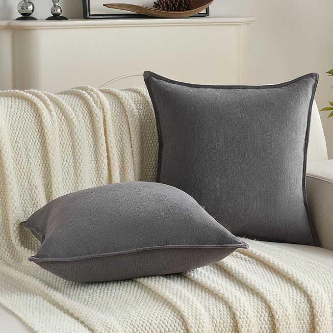 FUTEI Dark Grey Chenille Throw Pillow Covers 24x24 Inch Set of 2,Edges Double-Stitched European Cushion Cases,Modern Home Decor for Couch Living Room