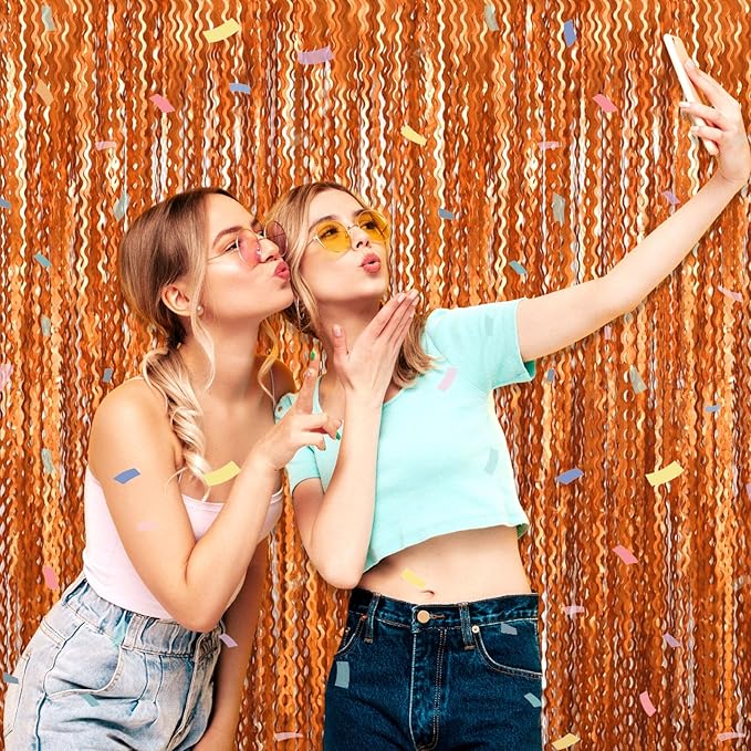 4 Pack Orange Wave Foil Fringe Curtain Backdrop, 3.28Ft x 8.2Ft Metallic Tinsel Foil Fringe Streamer Curtains for Photo Booth, Mother's Day, Easter, Birthday, Wedding Party Decoration