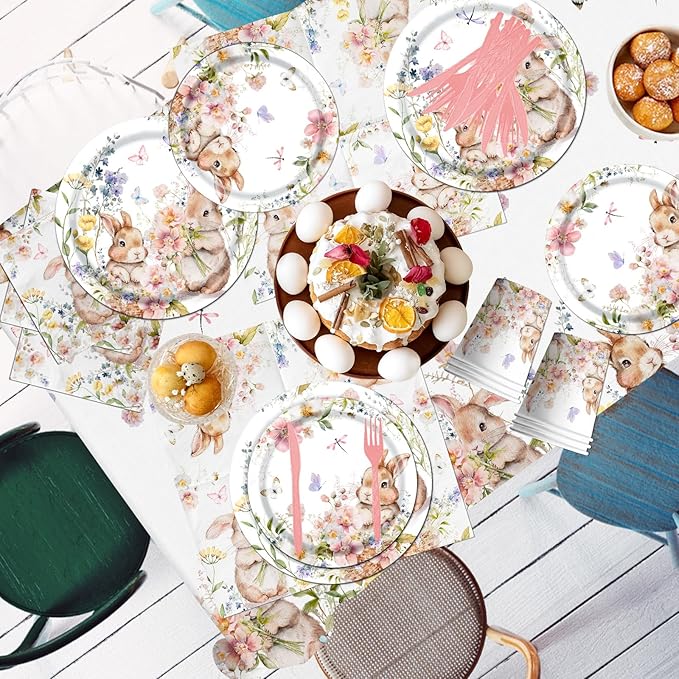 Easter Bunny Decorations-142Pcs Floral Bunny Tableware Happy Easter Plates and Napkins Kit Vintage Rabbits Spring Party Supplies for Kids