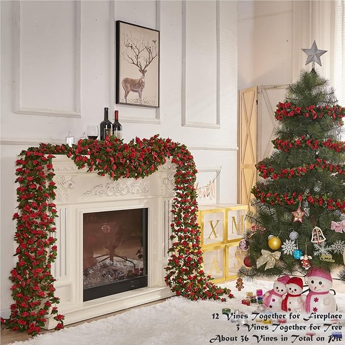 8 Pcs x 8.2 ft Flower Garland Artificial Rose Vine Flowers with Green Leaves Hanging Fake Roses Vine for Room Party Home Wedding Birthday Christmas Wall Arch Decor, Spring Red Flower