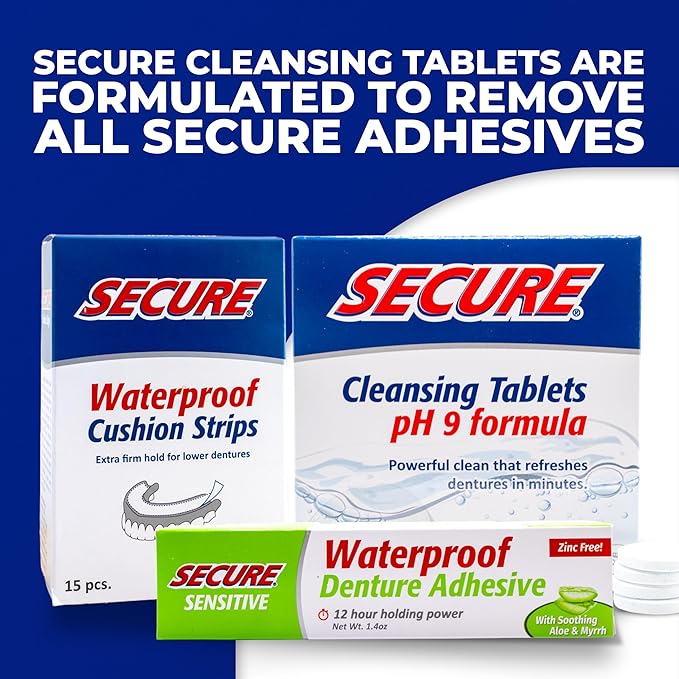 Secure Sensitive Gums Waterproof Denture Adhesive Zinc Free with Aloe Vera & Myrrh - Extra Strong 12 Hour Hold - 1.4 oz