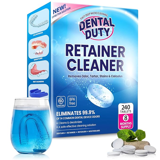240 Units Retainer and Denture Cleaning Tablets (8 Months Supply) - Cleaner Removes Plaque, Stains from Dentures, Retainers, Night Guards, Mouth Guard, Aligners and Removable Dental Appliances