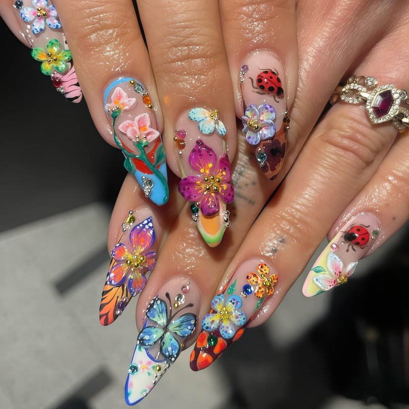 Handmade Acrylic Press On Nails Butterfly Cute Summer | Almond Nails Hand Painted 3D Floral | Reusable Vacation Style | Luxury Gift for Women (Long Almond & Size L) Headeer
