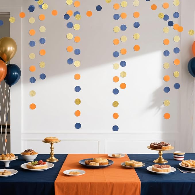 Circle String Decorations Paper Garlands Party Streamers, 30 Feet (Gold Glitter, Orange, Blue)