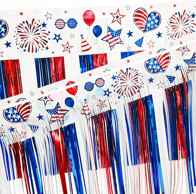 4th of July Decoration 4 Packs 10 Feet Long Foil Fringe Star Garland Memorial Day USA Red White Blue Independence Day Tinsel Metallic Streamers Patriotic Banner Car Parade Floats Garden Trailer