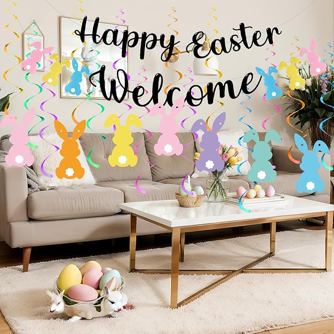 Easter Hanging Swirl Decoration 26 Pcs Easter Decoration Happy Bunny Hanging Swirl Foil Banner Garland Bunny Party Decorations Glitter Colorful Cute Party Ornaments for Ceiling Home Office Wall