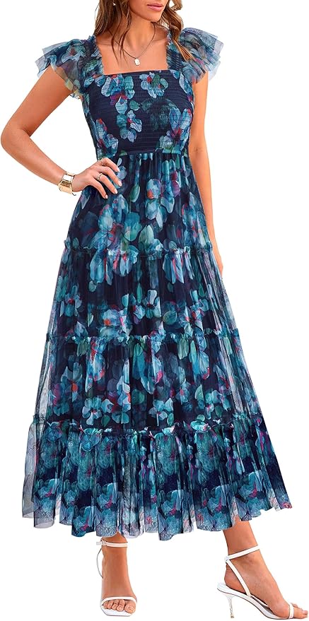 PRETTYGARDEN Women's Summer Tulle Midi Dress Sleeveless Smocked Ruffle Flowy Mesh Dresses Party Wedding Guest Sundress