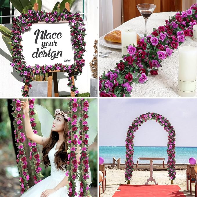 MARTINE MALL Flower Garland Rose Vines, 5 Strands 41Ft Flowers Vines for Bedroom with 33 Ft/100 LED String Lights, Rose Flower Garland Decoration, Rose Floral Garland for Room Table Wedding Decor