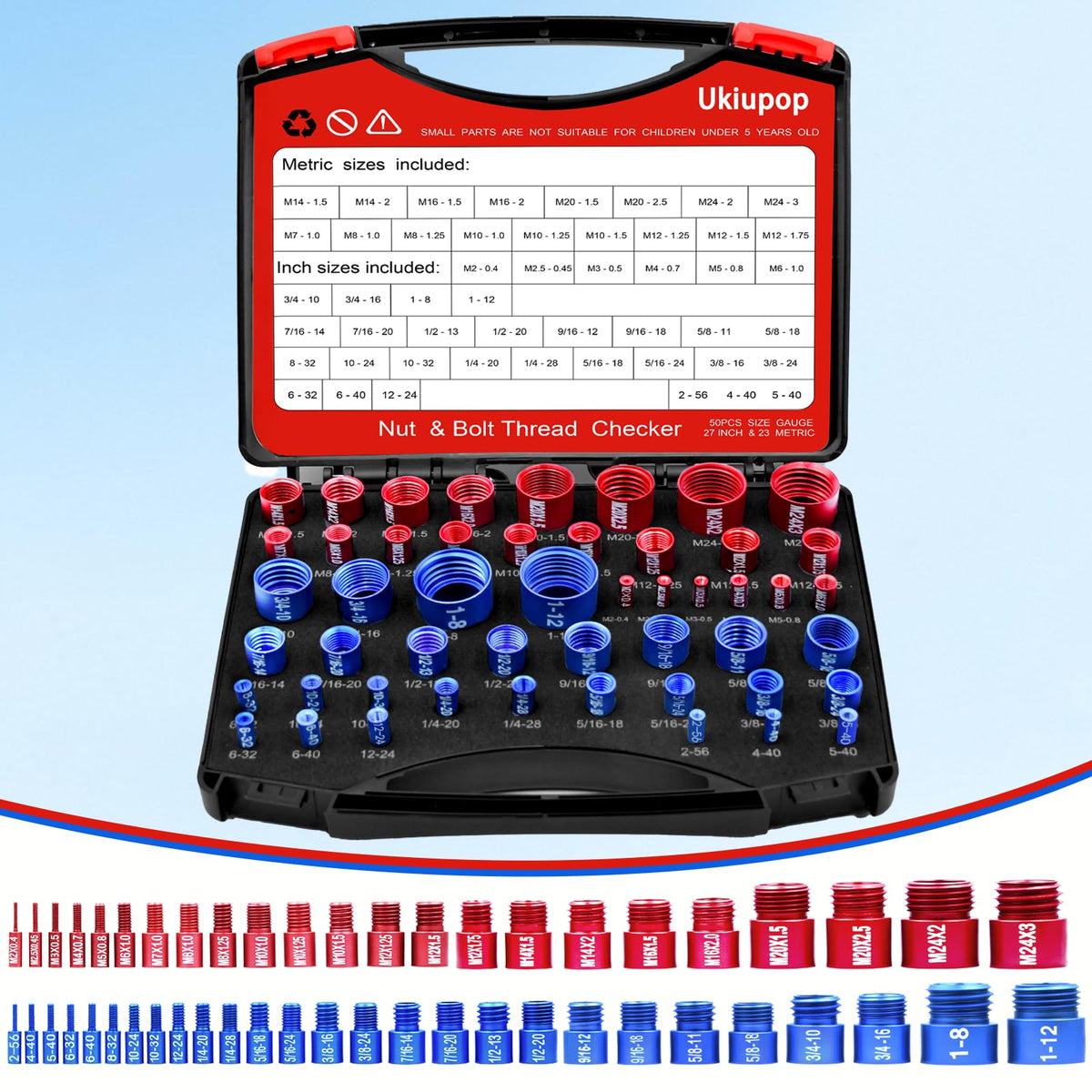 50PCS Thread Checker Kit – SAE & Metric Bolt Thread Checker, Nut & Bolt Size Finder Tool (27 SAE + 23 Metric) – Thread Gauge for Quickly Identifying Screw, Nut, and Bolt Sizes