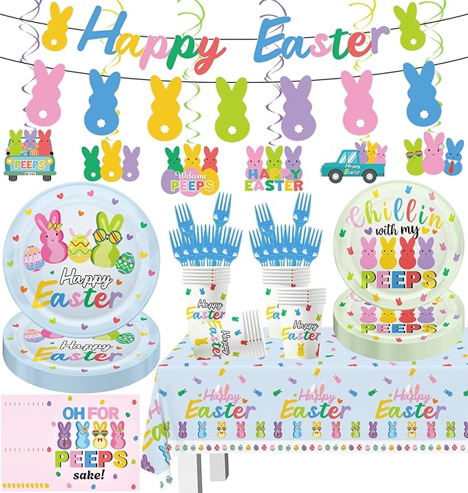 124pcs Easter Party Decorations Set Include Happy Easter Banner Chillin with My Peeps Paper Plates and Napkins,Paper Cups,Plastic Tablecloth and Forks,Hanging Swirls, for 20 Guests