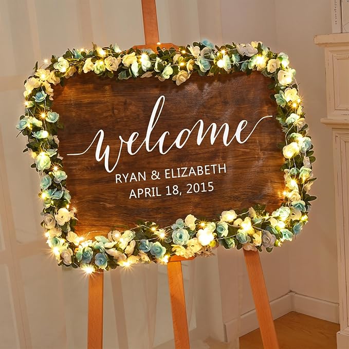 MARTINE MALL Flower Garland Rose Vines, 5 Strands 41Ft Flowers Vines for Bedroom with 33 Ft/100 LED String Lights, Rose Flower Garland Decoration, Rose Floral Garland for Room Table Wedding Decor
