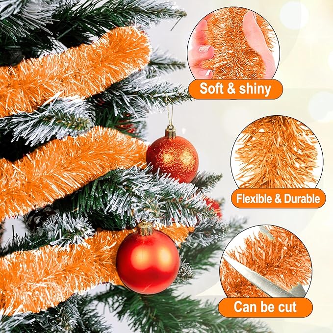 50 Feet Macaron Orange Christmas Tinsel Garland, Metallic Foil Twist Garland Wall Hanging Tinsel Banner Backdrop for Parade Floats, Easter, Mother's Day, Wedding Party Decorations (2in x 50ft)