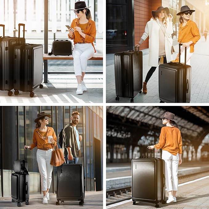 TRAVELARIM Hard Shell Luggage Sets with Spinner Wheels 4 Piece, Expandable Large Suitcases with TSA Lock, Travel Large Suitcase Set, Jet Black Luggage Set