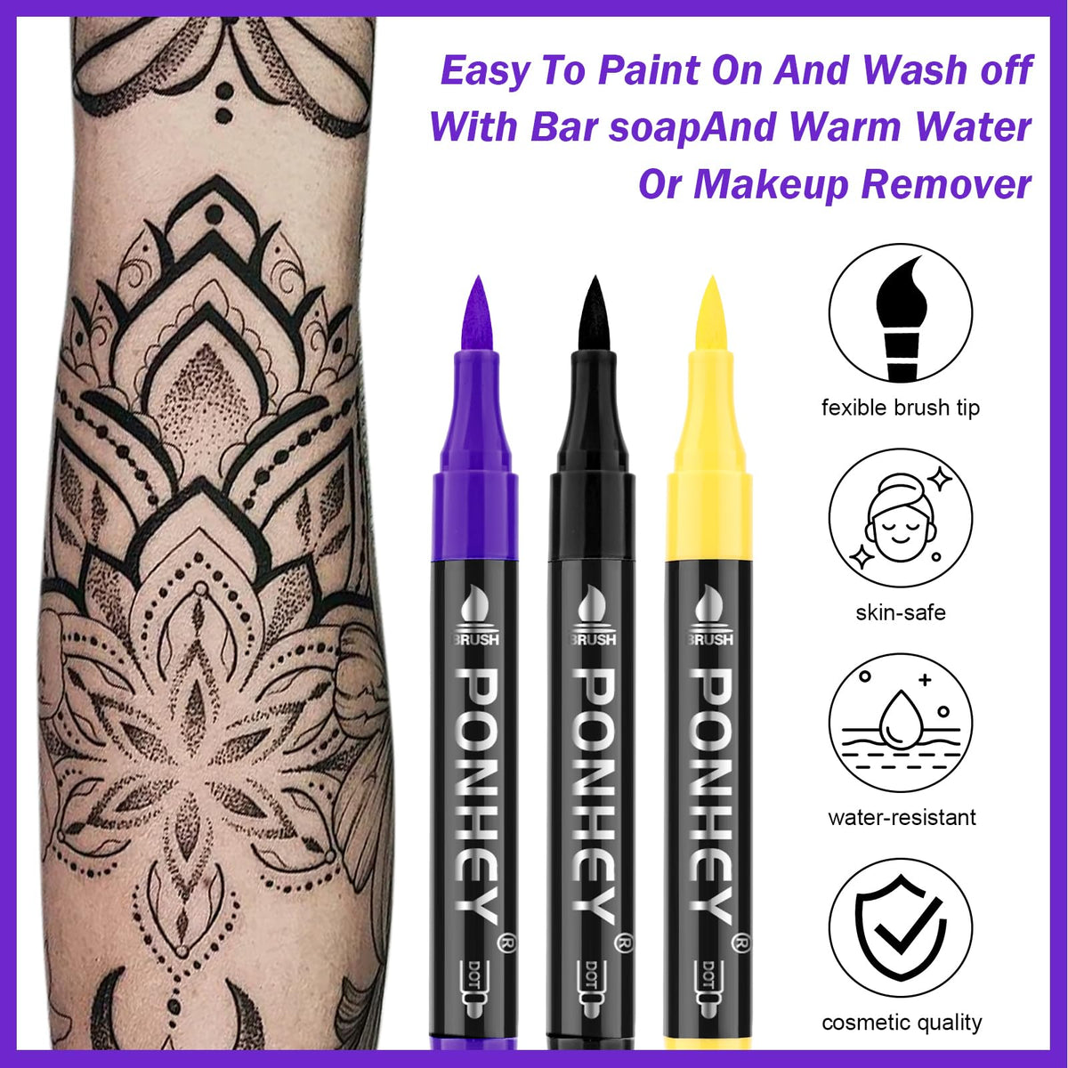 Ponhey Temporary Tattoo Markers for Skin, 24 Body Markers+67 Large Tattoo Stencils,Dual-End Tattoo Pens,Fine Lines with Cosmetic-Grade,Flexible, Skin-Safe Face Paint Kit for Kids Teenage Adults