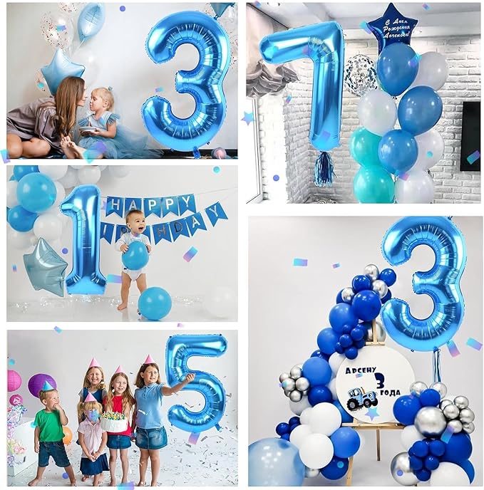 40 inch Blue Number Balloon Giant Foil Helium Balloons Blue Number 3 Balloon for 3rd Birthday Party Decorations